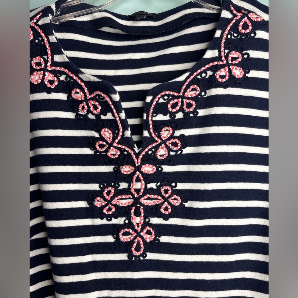 Talbots Petites Navy & White Striped Cotton Dress w/ Pink & Black Appliqué – XLP